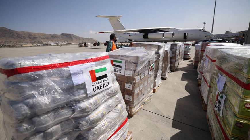 Medical aid arrived from the United Arab Emirates is pictured at the airport in Kabul on Sept. 15, 2021. 
