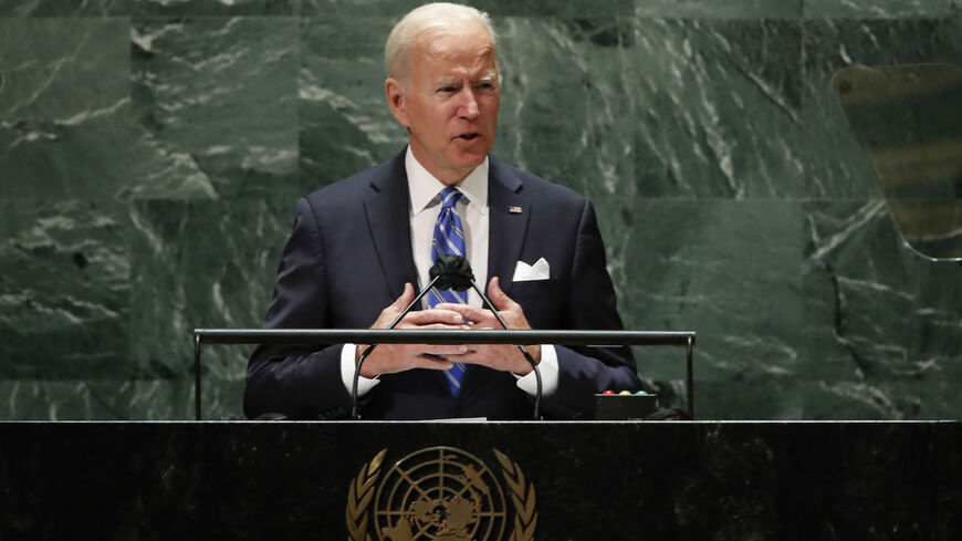 US President Joe Biden addresses the 76th Session of the UN General Assembly in New York on Sept. 21, 2021.