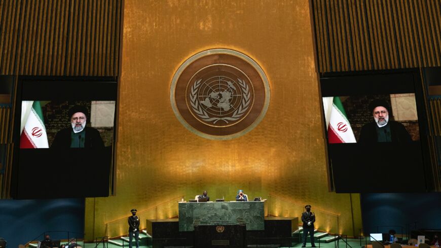 Iran's President's Ebrahim Raisi remotely addresses the 76th Session of the UN General Assembly on Sept. 21, 2021, in New York.