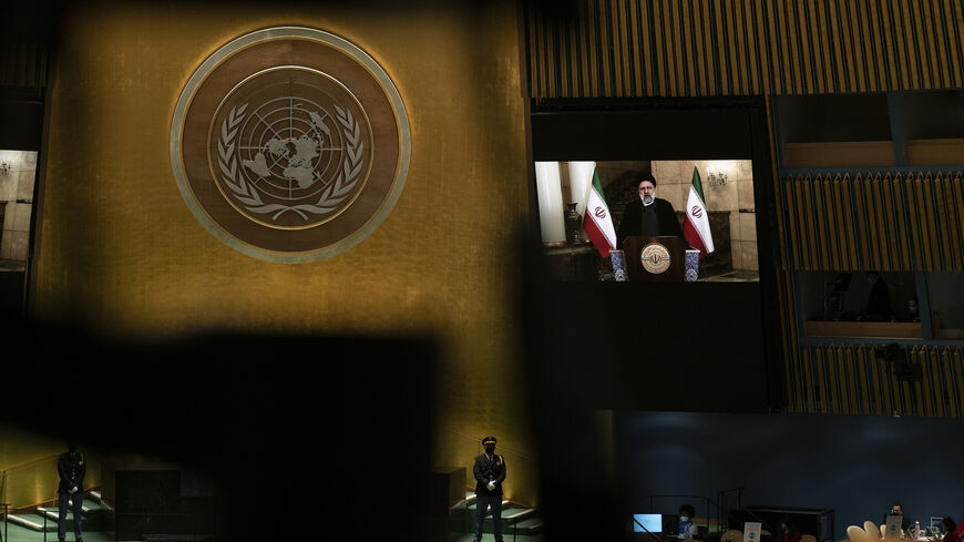 Iran's President's Ebrahim Raisi remotely addresses the 76th Session of the U.N. General Assembly on Sept. 21, 2021 at U.N. headquarters in New York City. 