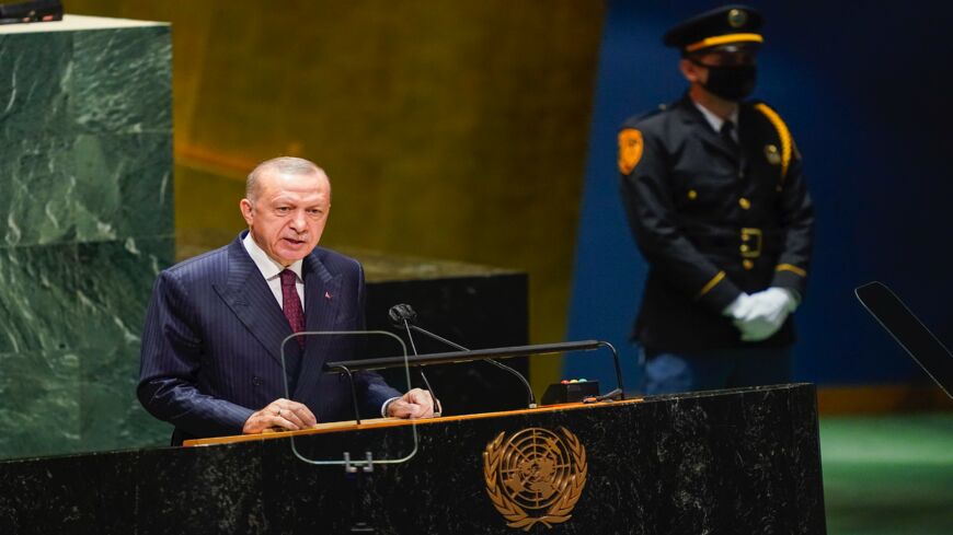 Turkish President Recep Tayyip Erdogan speaks during the annual gathering in New York City for the 76th Session of the United Nations General Assembly on Sept. 21, 2021.