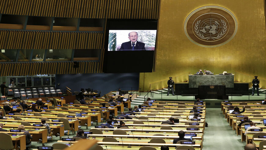 Lebanese President Michel Aoun delivers a pre-recorded speech at the 76th session of the United Nations General Assembly meeting at UN headquarters, New York, Sept. 24, 2021.