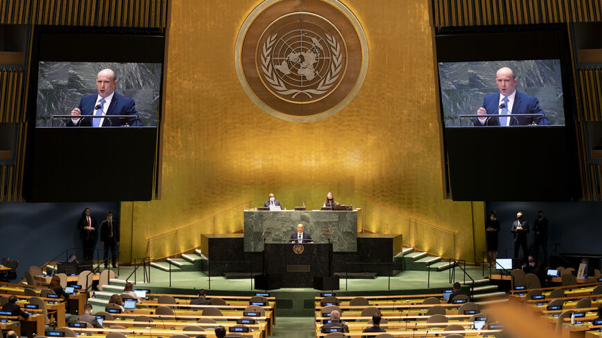 Prime Minister of Israel Naftali Bennett addresses the 76th Session of the United Nations General Assembly on Sept. 27, 2021 at U.N. headquarters in New York City. 