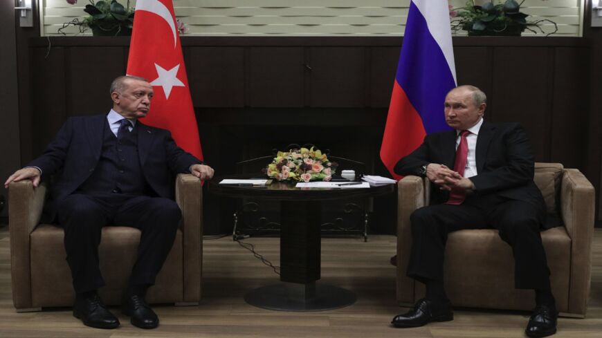 Russian President Vladimir Putin meets with his Turkish counterpart Recep Tayyip Erdogan in Sochi on Sept. 29, 2021. 