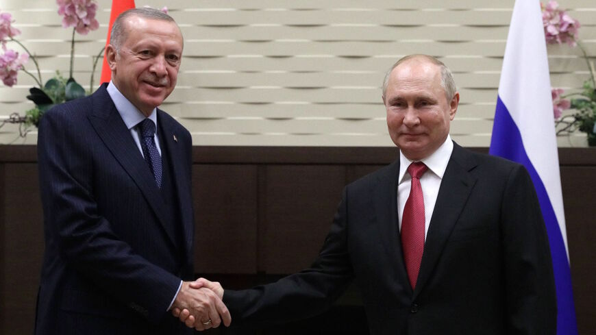 Russian President Vladimir Putin meets with his Turkish counterpart Recep Tayyip Erdogan in Sochi on Sept. 29, 2021. 
