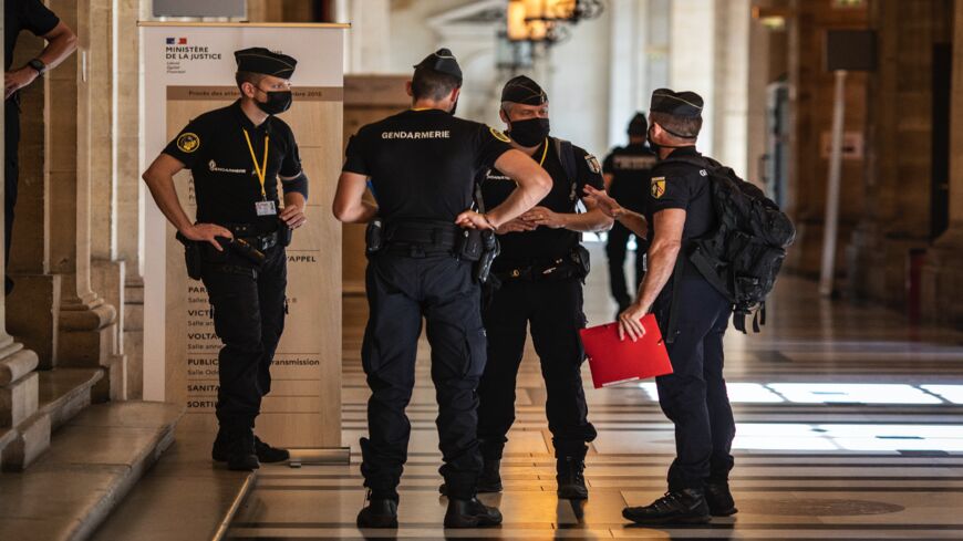 French gendarmerie stand close to the courtroom where the trial of the 2015 terror attack in Paris will take place, Sept. 7, 2021, at the Palais de Justice in Paris, France. 