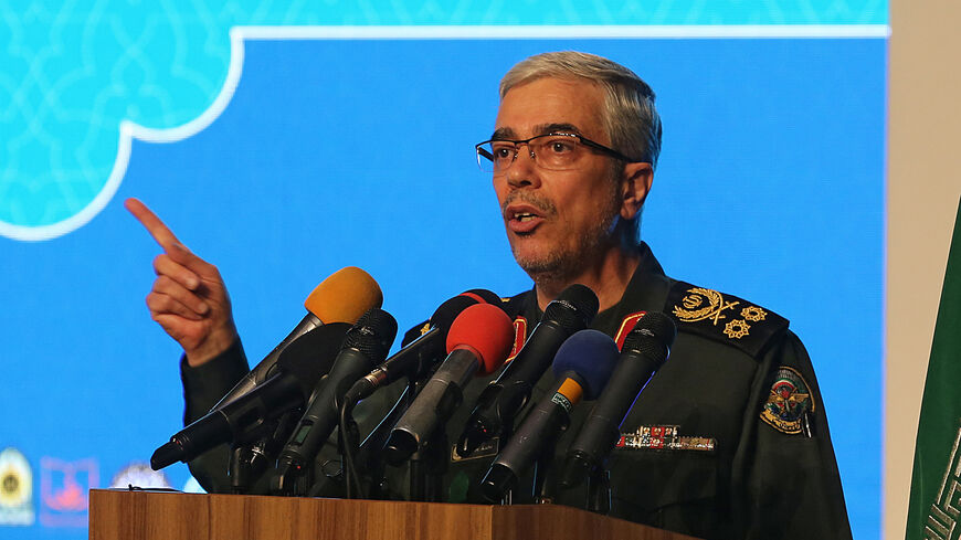 Iranian Armed Forces Chief of Staff Major General Mohammad Bagheri speaks during the the International Conference on the Legal-International Claims of the Holy Defense in the capital Tehran on Feb. 23, 2021. 