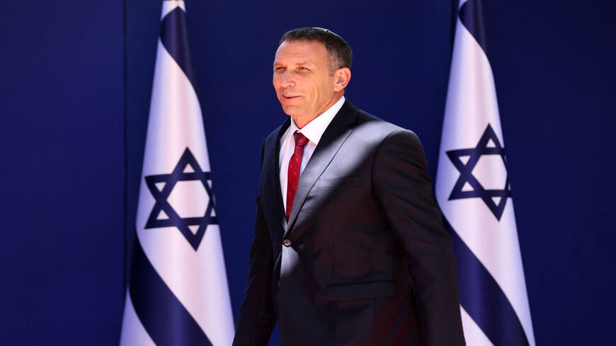 Israeli Religious Services Minister Matan Kahana arrives for a photo at the president's residence during a ceremony for the new coalition government, Jerusalem, June 14, 2021.