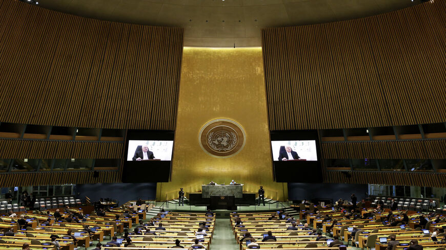 Palestinian President Mahmoud Abbas delivers a speech remotely at the 76th Session of the United Nations General Assembly meeting at UN headquarters, New York, Sept. 24, 2021.