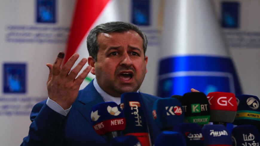 Judge Jalil Adnan Khalaf, chairman of Iraq's Independent High Electoral Commission, speaks in Baghdad on Oct. 12, 2021.