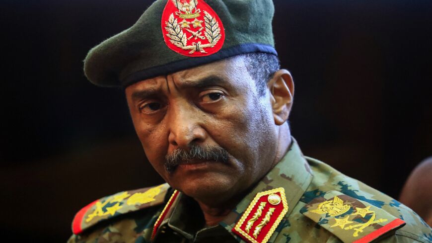 Sudan's top army general, Abdel Fattah al-Burhan, speaks during a press conference at the General Command of the Armed Forces in Khartoum on Oct. 26, 2021. 