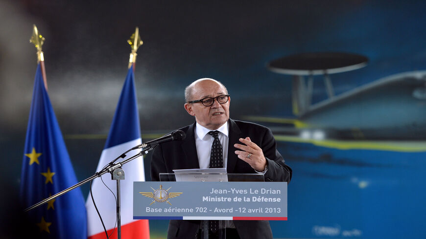 French Defense Minister Jean-Yves Le Drian delivers a speech as he visits the Avord air base, Avord, France, April 12, 2013.