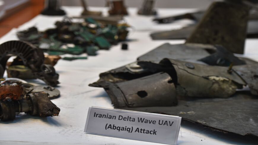 A picture taken on Sept. 18, 2019, shows displayed fragments of what the Saudi Defense Ministry spokesman said were Iranian cruise missiles and drones recovered from the attack site that targeted Saudi Aramco's facilities.