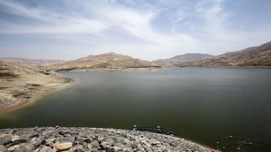 This picture shows a view of the reservoir of the Mujib Dam, the main water supply to Amman, in Madaba governorate, Jordan, April 20, 2021.