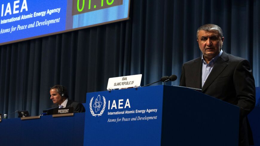 Chief of the Atomic Energy Organization of Iran Mohammad Eslami (R) delivers a speech.