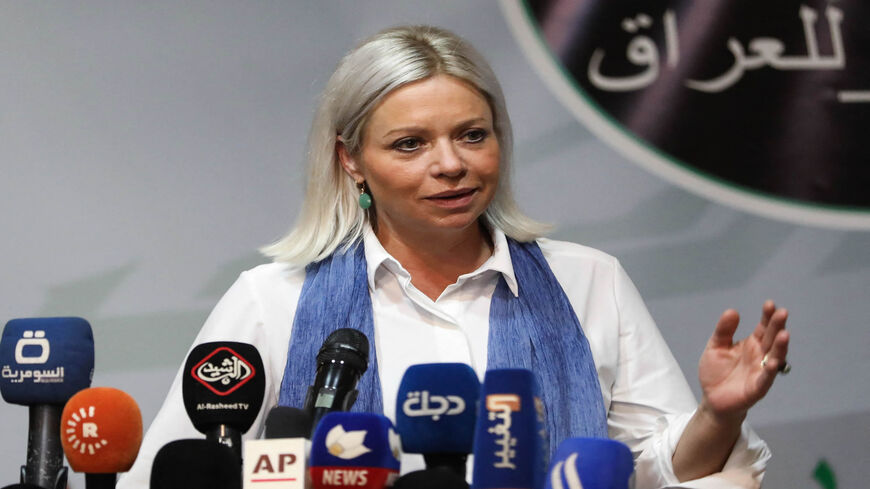 Special Representative of the Secretary-General for the United Nations Assistance Mission for Iraq Jeanine Hennis-Plasschaert speaks during a press conference on the upcoming elections, Baghdad, Iraq, Oct. 5, 2021.