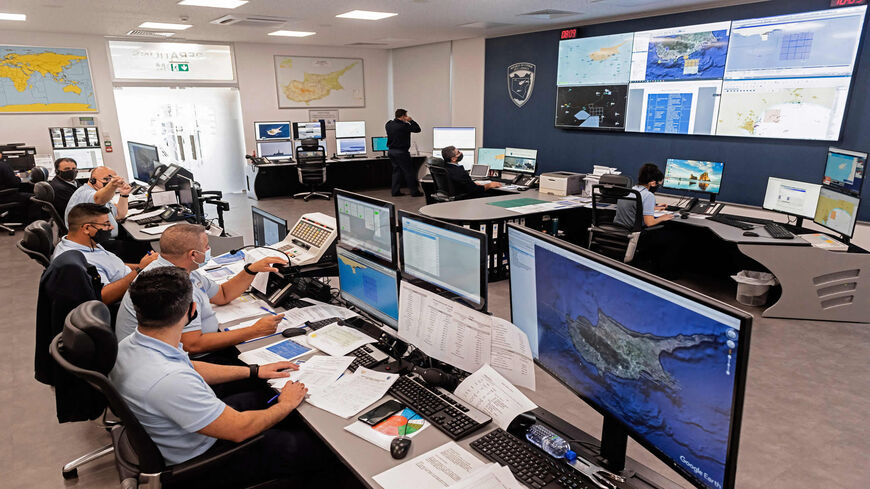 This picture shows operators working at the Joint Rescue Coordination Center during the multinational exercise "NEMESIS 2021," in the coastal city of Larnaca, Cyprus, Nov. 3, 2021.