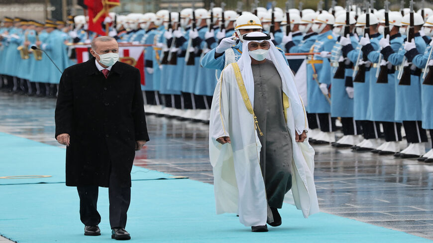 Turkish President Recep Tayyip Erdogan (L) welcomes Abu Dhabi's Crown Prince Sheikh Mohammed bin Zayed Al Nahyan during an official ceremony at the presidential complex, Ankara, Turkey, Nov. 24, 2021.