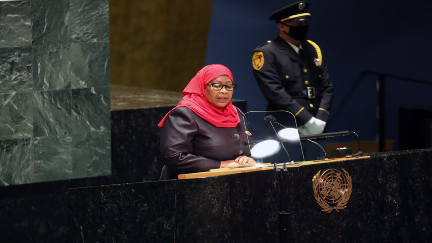 President of Tanzania Samia Suluhu Hassan speaks at the 76th session of the United Nations General Assembly at UN headquarters, New York, Sept. 23, 2021.