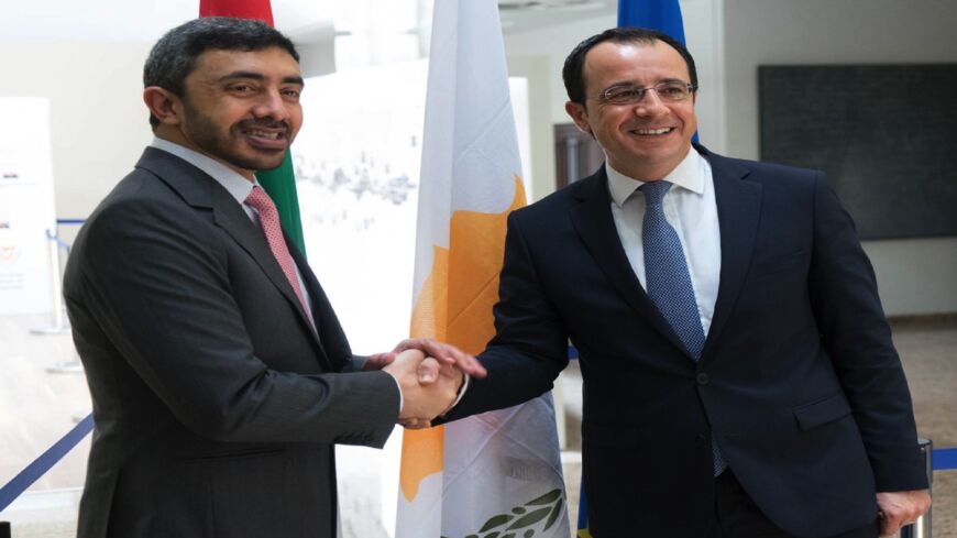United Arab Emirates Foreign Minister Sheikh Abdullah bin Zayed Al Nahyan (L) and Cypriot Foreign Minister Nikos Christodoulides.