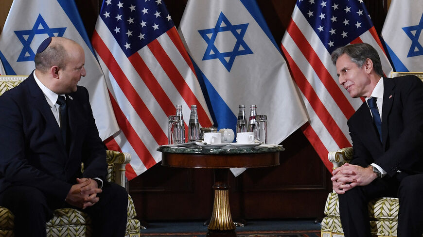 US Secretary of State Antony Blinken (R) meets with Israeli Prime Minister Naftali Bennett at the Willard Hotel in Washington, DC, on Aug. 25, 2021. 