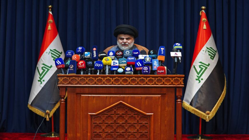 Muqtada al-Sadr, Iraqi militia leader and Shiite Muslim cleric, gives a news conference in the central holy shrine city of Najaf, on Nov. 18, 2021.