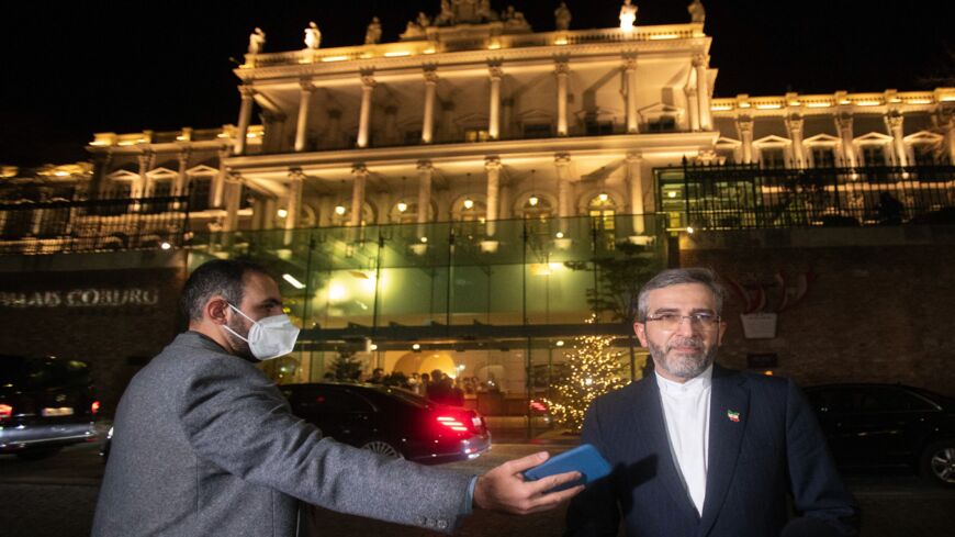 Iran's chief nuclear negotiator Ali Bagheri Kani speaks to the press in front of Palais Coburg, venue for the JCPOA meeting that aims to revive the Iran nuclear deal, in Vienna on Dec. 27, 2021. 