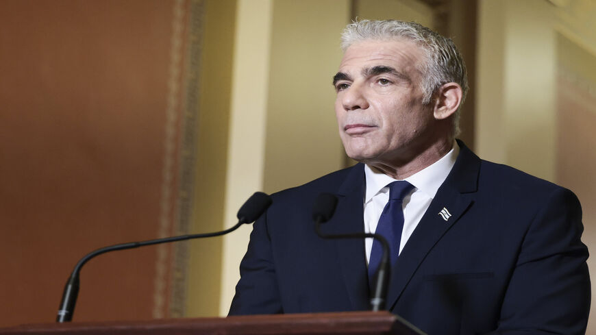 Israeli Foreign Minister Yair Lapid gives remarks after being welcomed by House Speaker Nancy Pelosi a the US Capitol, Washington, Oct. 12, 2021.
