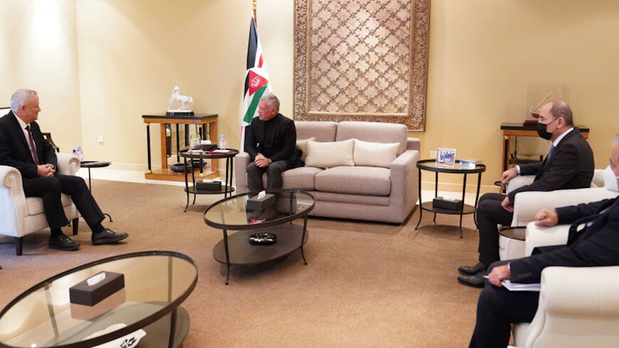 Jordanian King Abdullah meets in his palace with Israeli Defense Minister Benny Gantz (L), Amman, Jordan, Jan. 5 2022.