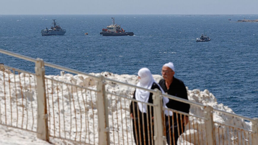 Israeli navy vessels patrol the Mediterranean waters off the coast of Rosh Hanikra, an area at the border between Israel and Lebanon (Ras al-Naqura), as indirect talks on maritime borders between the two countries, still technically at war, resume under UN and US auspices, on May 4, 2021.