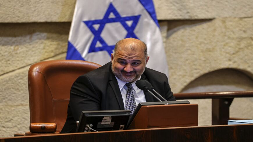 Mansour Abbas, head of the Islamic Ra'am Party, speaks in his capacity as Knesset deputy speaker during a plenum session on the state budget on Sept. 2, 2021.