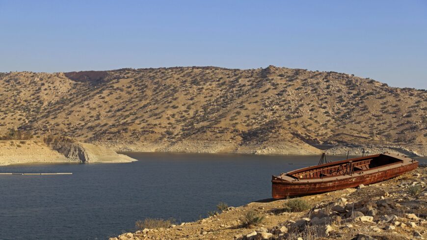 A picture taken Oct. 26, 2021, shows the Darbandikhan Dam after the water level had fallen by 7.5 meters in one year, in northeastern Iraq.