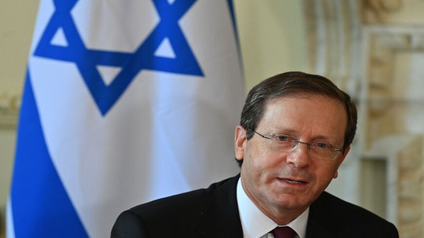 Israeli President Isaac Herzog, inside Number 10 Downing Street in central London on Nov. 23, 2021, during a three-day visit. 