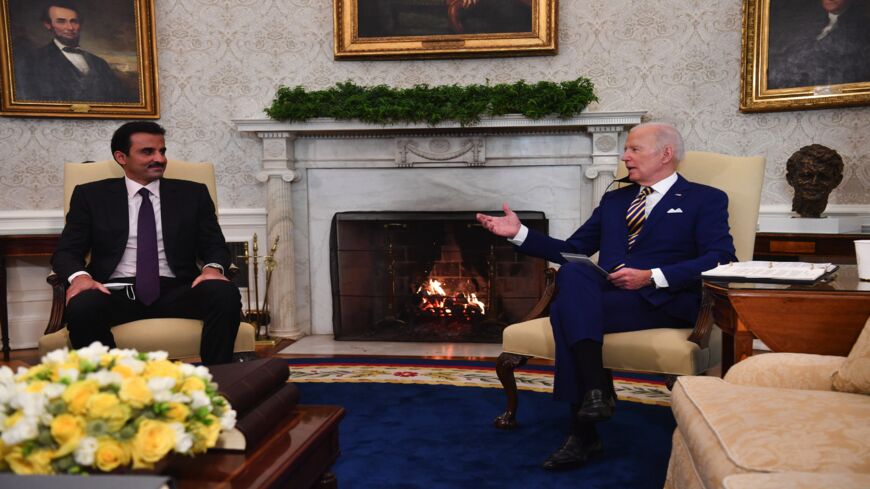 US President Joe Biden meets with Qatar Emir Sheikh Tamim Bin Hamad Al Thani, in the White House on Jan. 31, 2022, in Washington, DC.