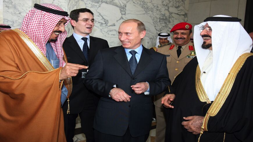 Russian President Vladimir Putin (C) speaks with Saudi Crown Prince Sultan bin Abdulaziz al-Saud (R) and Saudi Arabia's Prince Salman bin Abdulaziz al-Saud, Riyadh governor (L) in Riyadh, Feb. 12, 2007.