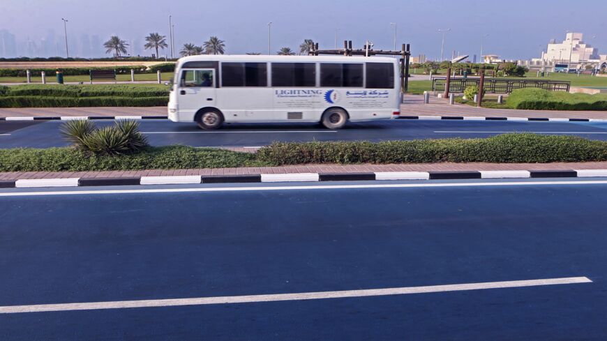 A picture taken on Sept. 3, 2019, shows freshly painted blue roads in Doha, an experiment to cool the tarmac surface and reduce the temperature of surrounding areas.