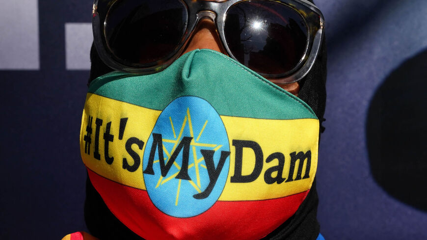 Protesters march down 42nd Street in New York during a "It's my Dam" protest, where Ethiopians unite around the Nile River mega-project, March 11, 2021.