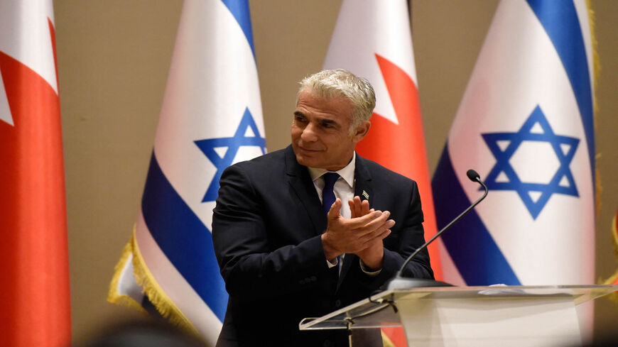 Israel's Foreign Minister Yair Lapid speaks during a joint press conference with his Bahraini counterpart in the capital Manama, Bahrain, Sept. 30, 2021.