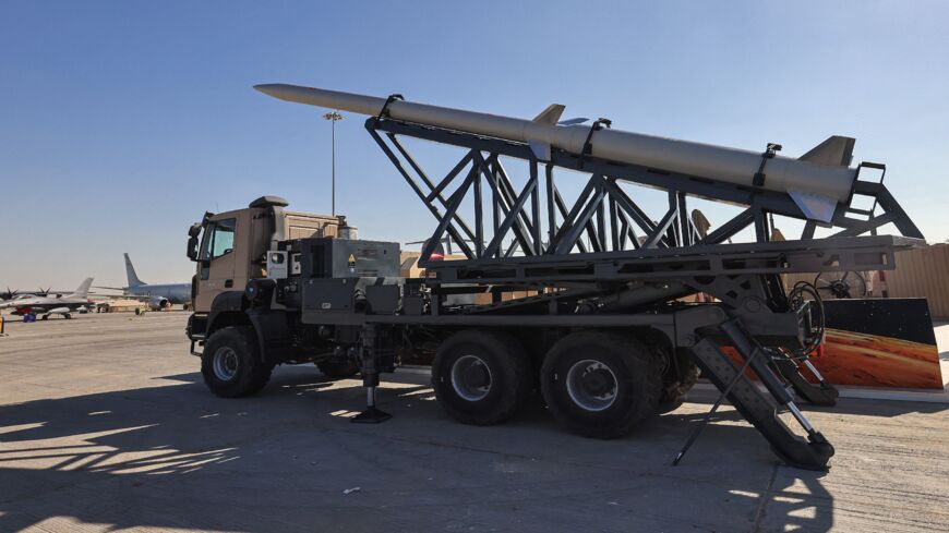 This picture taken on Nov. 14, 2021, shows a view of a missile on display at the booth of EDGE advanced technology group for defense, at the 2021 Dubai Airshow in the Gulf emirate.