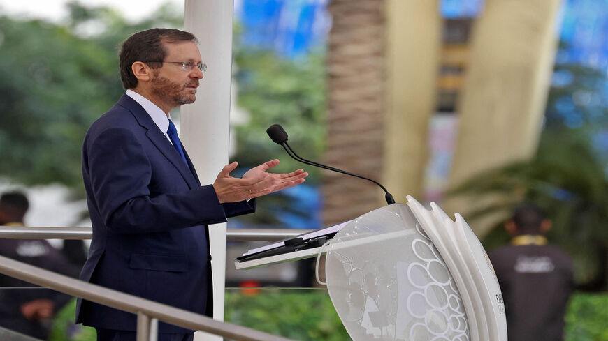 Israel's President Isaac Herzog speaks at al-Wasl Dome at Expo 2020 Dubai during Israel's expo National Day in the gulf emirate, Jan. 31, 2022.