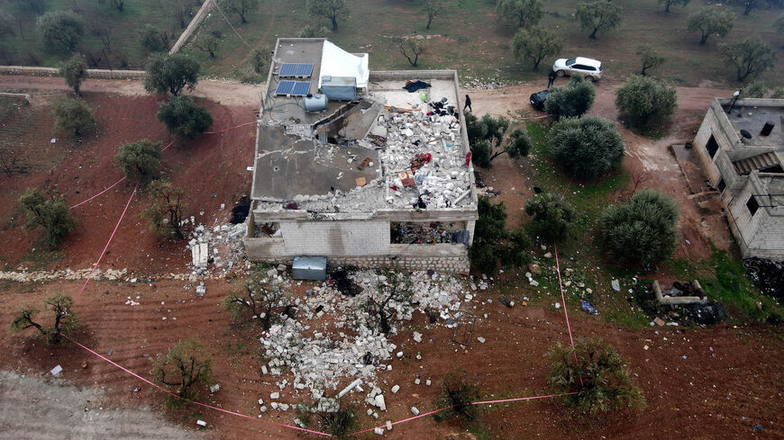An aerial view of the house in which IS leader Abu Ibrahim al-Hashimi al-Quraishi died, during a raid by US Special Forces, in the town of Atme, Idlib province, Syria, Feb. 4, 2022.