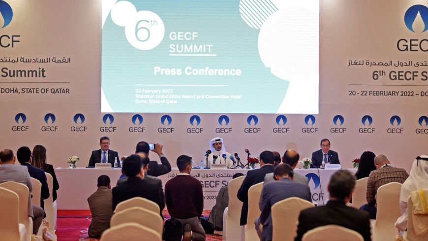 (L to R) Mohamed Hamel, Secretary-General of the Gas Exporting Countries Forum (GECF) summit, Qatar's Energy Minister Saad Sherida al-Kaabi, and Egypt's Minister of Petroleum and Mineral Resources Tarek el-Molla give a joint press conference during the GECF summit in Qatar's capital Doha on Feb. 22, 2022. 