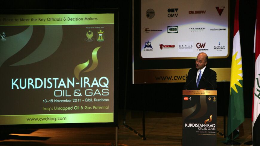 KRG Prime Minister Barham Salih speaks at a Kurdistan-Iraq Oil and Gas Forum in Erbil, Nov. 13, 2011.