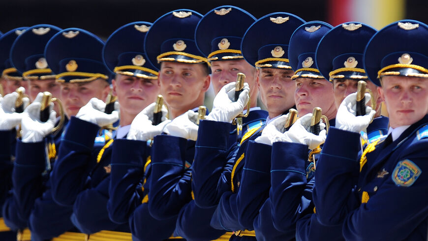 Members of the Belarusian Army take part in a parade at Fort Tiuna, held as part of the celebrations of the Bicentenary of the Venezuelan independence, in Caracas on April 19, 2010. 