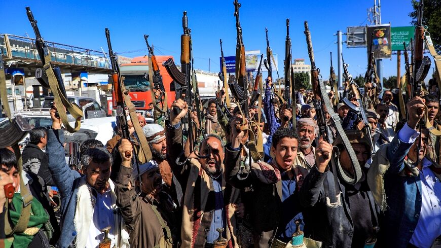 Yemeni supporters of Huthis rally in the rebel-held capital Sanaa on January 27; on Monday, the UN Security Council voted to extend an arms embargo to all members