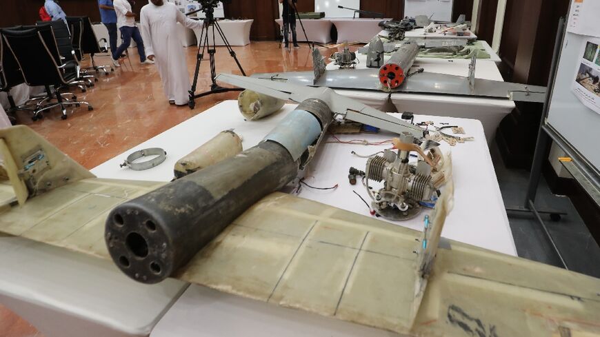 Debris of Iranian-made Ababil drones displayed in 2018 in the UAE capital Abu Dhabi -- the Emirati armed forces said the devices were used by Huthi rebels in Yemen against Saudi-led coalition forces