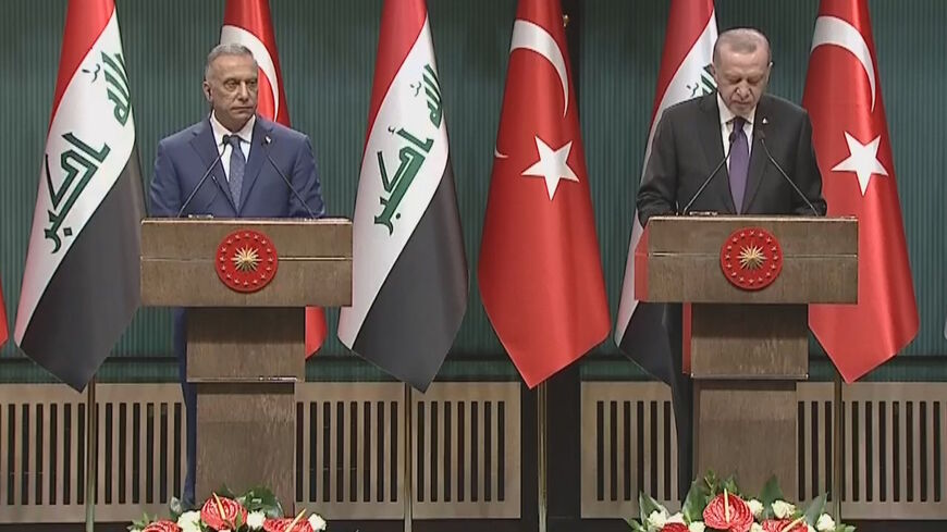 Turkish President Recep Tayyip Erdogan and Iraqi Prime Minister Mustafa al-Kadhimi at a joint press conference in Ankara, Dec. 17, 2020.