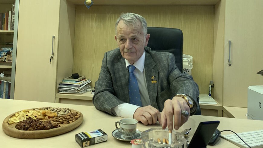 Legendary Crimean Tatar leader Mustafa Jamilov at the Majlis headquarters in Kyiv, Jan. 19 (Amberin Zaman/Al-Monitor)