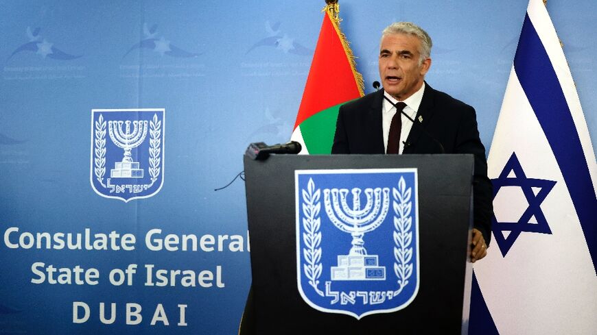 Israel's Foreign Minister Yair Lapid gives a press conference at the new Israeli consulate in the Gulf Emirate of Dubai, on June 30, 2021