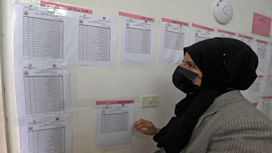 Staff of the Palestinian Central Elections Commission display electoral lists ahead of the upcoming general elections, at the commissions local offices in Ramallah, West Bank, April 6, 2021.